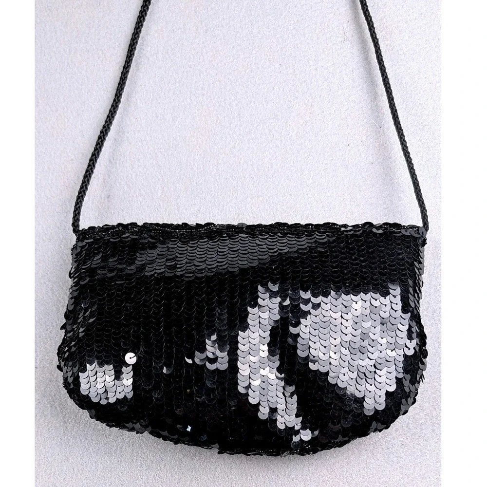 Vintage Black Silver Sequin Beaded Evening Clutch Crossbody Bag Formal Party